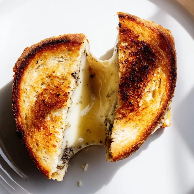 Steam rises from a freshly sliced Truffle Grilled Cheese, highlighting the rich aroma of truffle oil and savory Gruyère.  