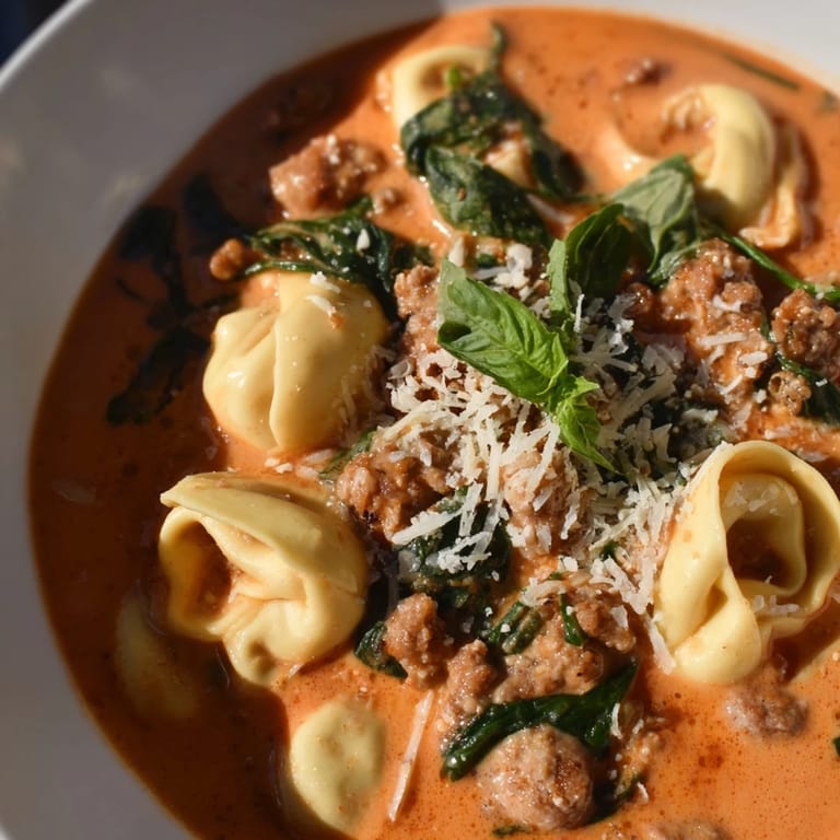 Hearty Tuscan Tortellini Soup simmering in a pot, featuring cheese tortellini, savory sausage crumbles, and fresh spinach in a creamy tomato base.  