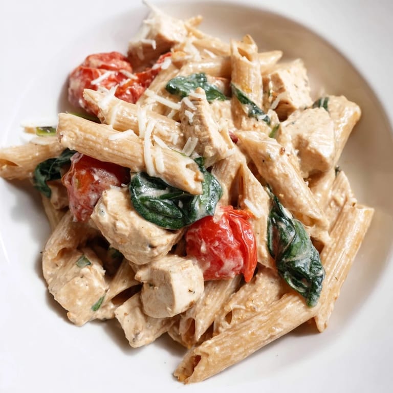 Steaming Greek Yogurt Chicken Pasta in a white bowl, garnished with Parmesan and fresh basil leaves.  