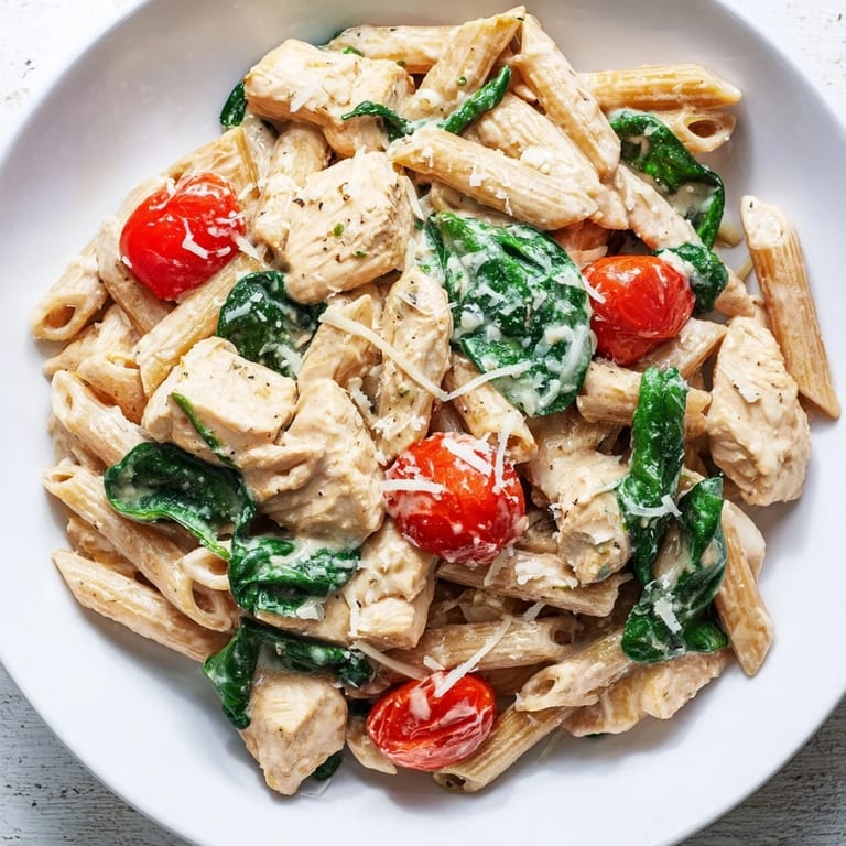 A skillet of Greek Yogurt Chicken Pasta with wilted spinach, penne, and a lemon wedge on the side.