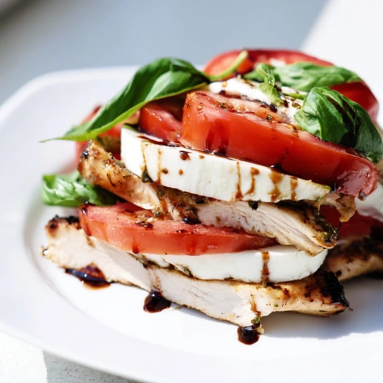 A close-up of Chicken Caprese Salad highlights layered tomato and mozzarella rounds, with balsamic glaze drizzled over tender grilled chicken pieces.