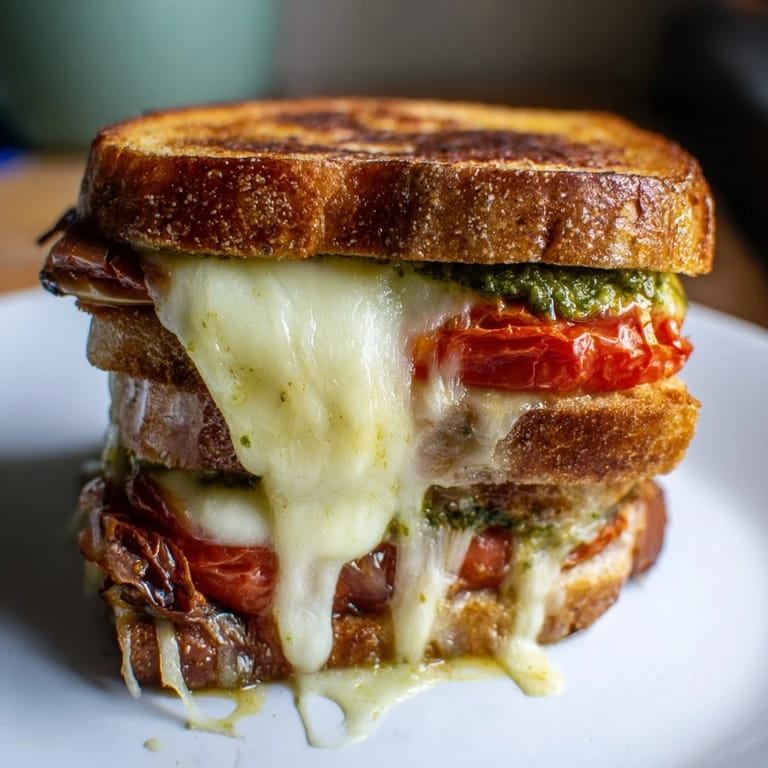 Roasted tomato pesto grilled cheese slices reveal gooey melted cheese and caramelized tomatoes between buttery, crusty bread.  