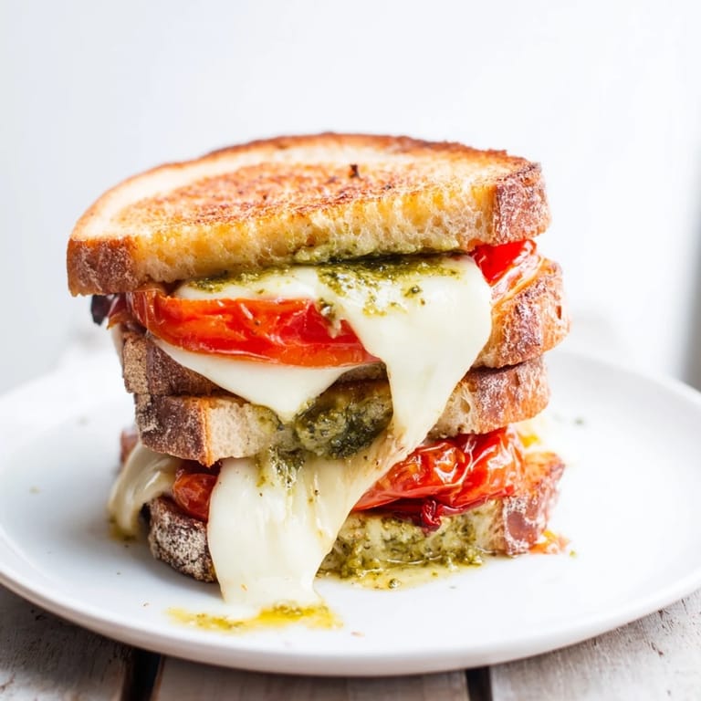 A close-up of roasted tomato pesto grilled cheese with melty cheese, vibrant basil, and golden crust, ready to enjoy.