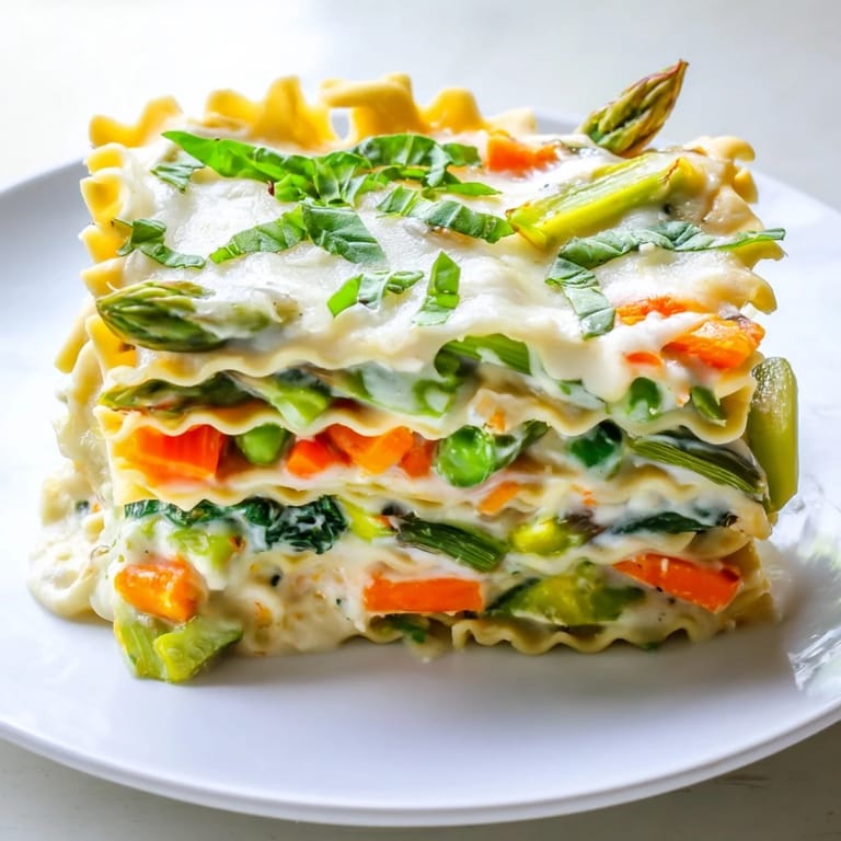 Close-up of a slice of Spring Veggie Alfredo Lasagna showing rich, creamy Alfredo sauce and colorful zucchini and carrots.