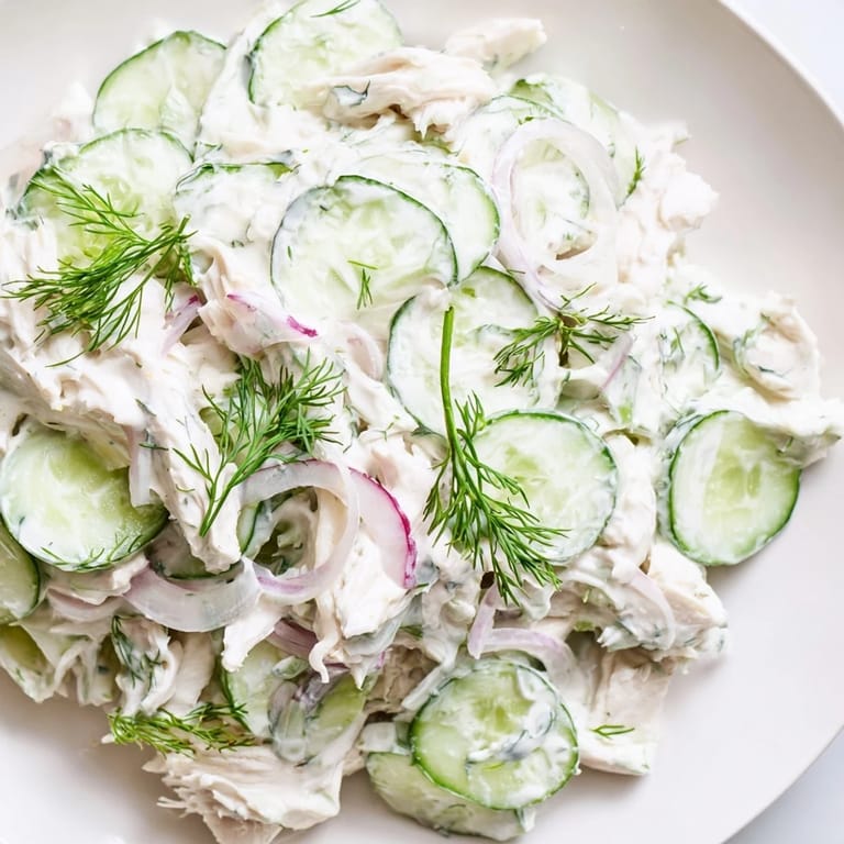 A vibrant bowl of creamy cucumber chicken salad, featuring juicy chicken chunks, crunchy cucumbers, and a creamy dill yogurt sauce, ideal for a summer meal.