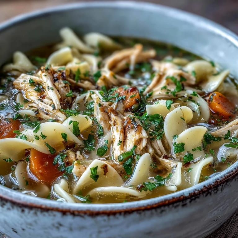 Close-up of simmering Chicken and Noodle Soup featuring wide egg noodles, fresh parsley, and savory vegetables.