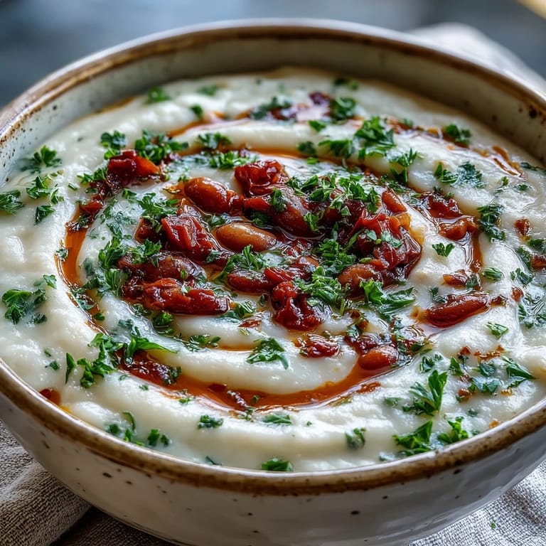 White Bean Soup with Tomato steaming in a ceramic bowl, surrounded by fresh herbs, a lemon wedge, and olive oil drizzle.