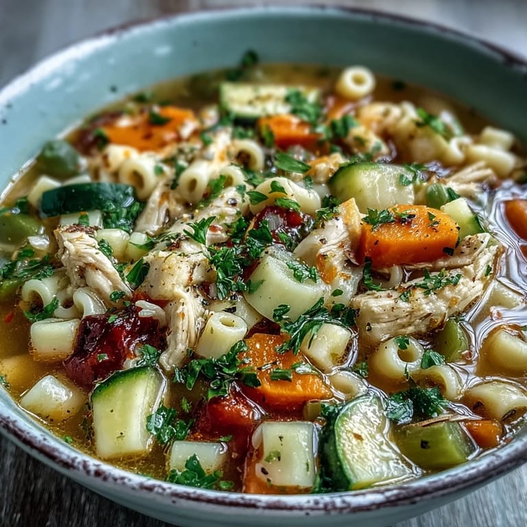 Hearty Pasta Soup With Chicken and Vegetables served in a white bowl with crusty bread on the side.