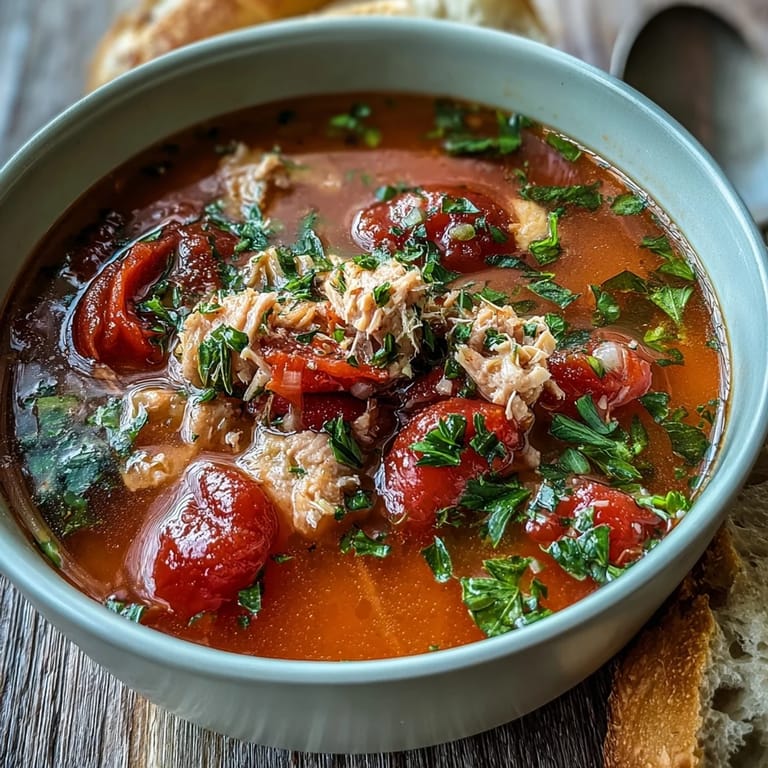 Steaming hot Tuna and Tomato Soup in a rustic bowl, featuring tender tuna flakes and aromatic herbs for a cozy meal.