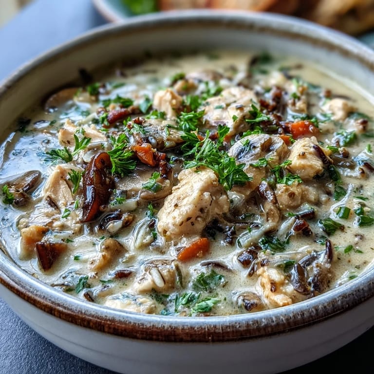 A hearty bowl of Parmesan Mushroom Chicken and Wild Rice Soup with crusty bread for dipping on the side.
