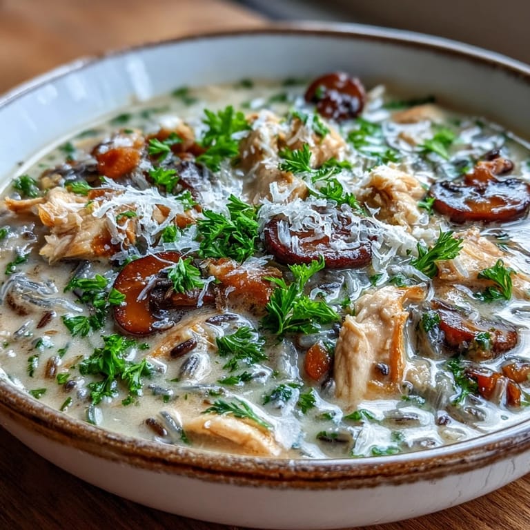Close-up of Parmesan Mushroom Chicken and Wild Rice Soup showing tender chicken, mushrooms, and carrots in a rich broth.