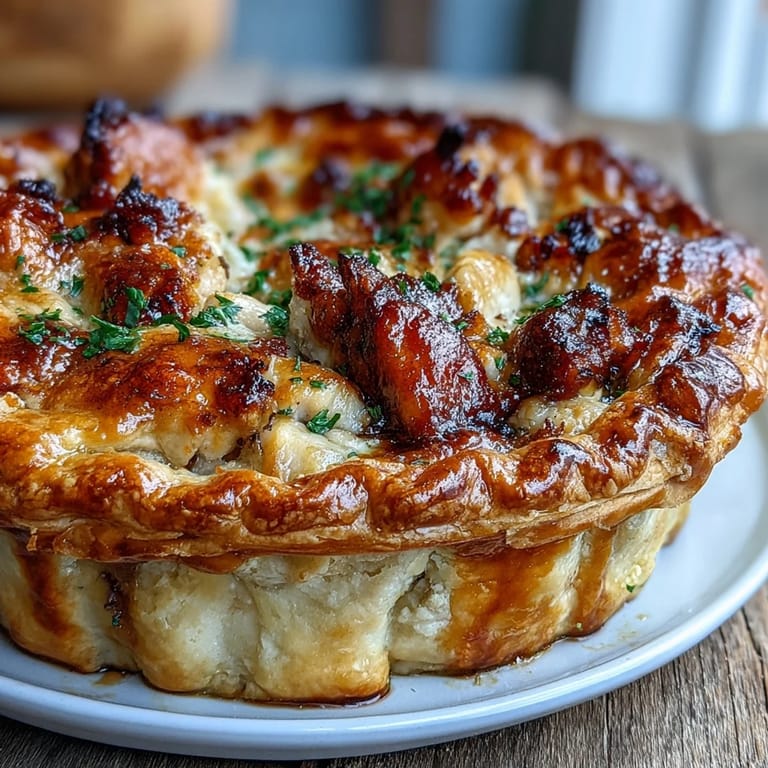 Sautéed leeks and smoky bacon filling inside a flaky Chicken and Leek Pie.