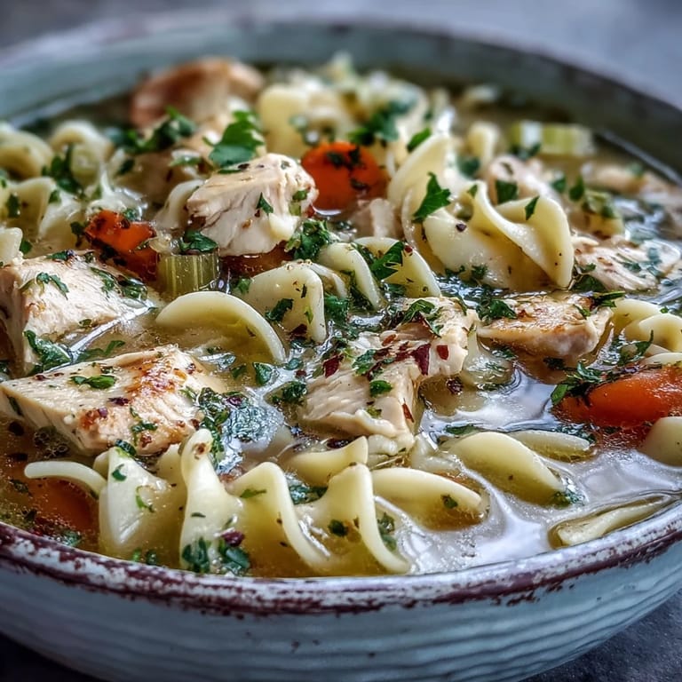 Comforting bowl of Chicken Noodle Soup beside crusty artisan bread, perfect for a cozy winter dinner.
