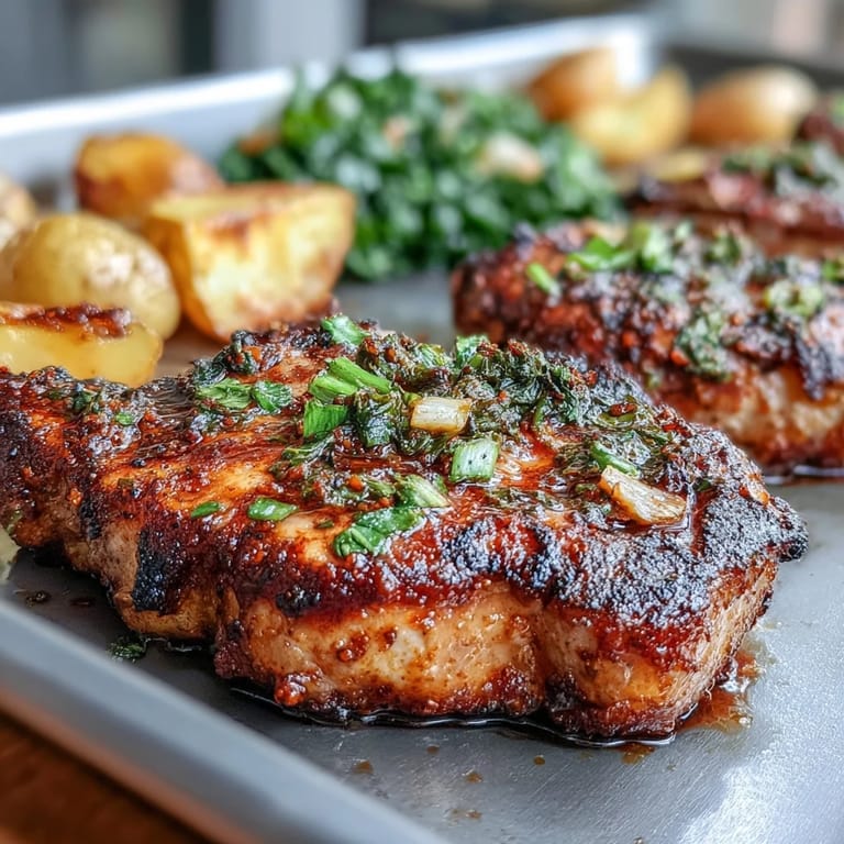 Golden roasted potatoes complement Aleppo Pork Chops with Potatoes and Greens on a rustic dinner plate.