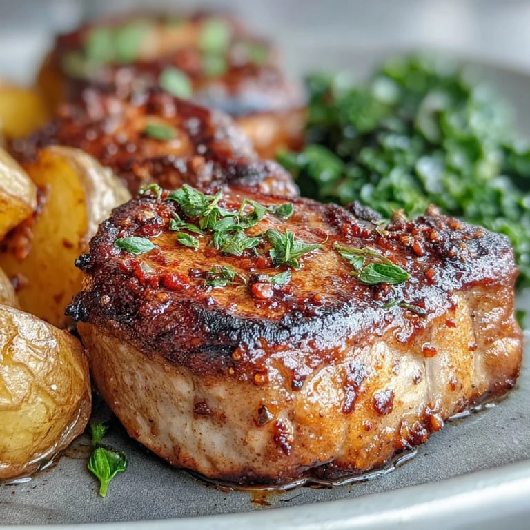 Juicy Aleppo Pork Chops with Potatoes and Greens served beside garlicky kale and crispy roasted potatoes. 