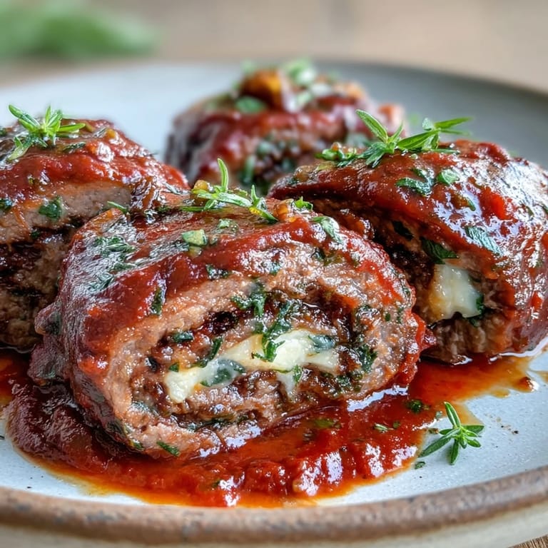 Sliced Sicilian-Style Braciole with a savory filling, topped with sauce and fresh basil on a dinner plate.
