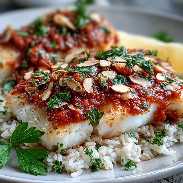 Zesty tomato sauce-baked cod fillets served on ginger rice, finished with toasted almonds and lemon wedges.