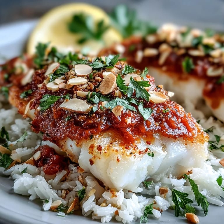 Healthy Mediterranean Tomato-Roasted Cod with spiced almond topping, plated with ginger rice and fresh parsley garnish.