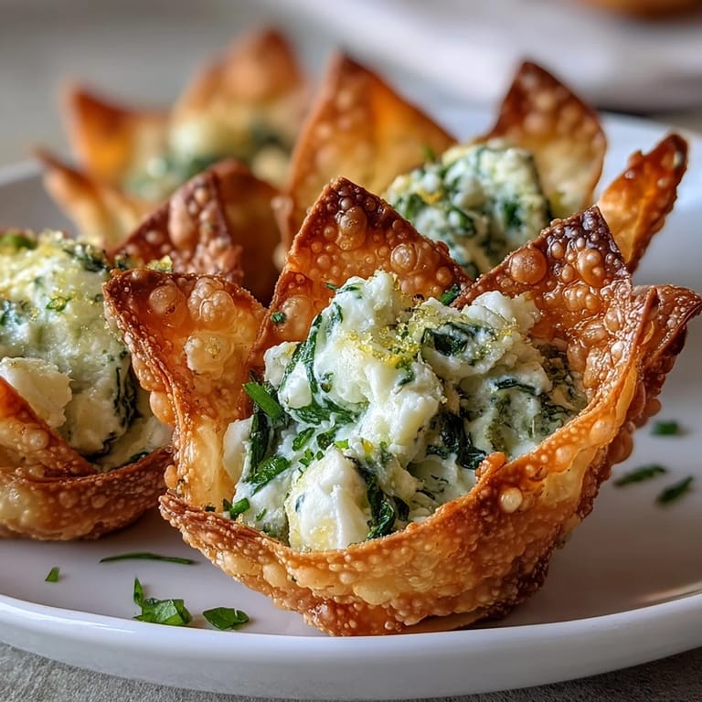 A close-up of Mediterranean Spinach and Feta Cheese Crisps revealing creamy feta and wilted spinach inside a golden baked wonton shell.