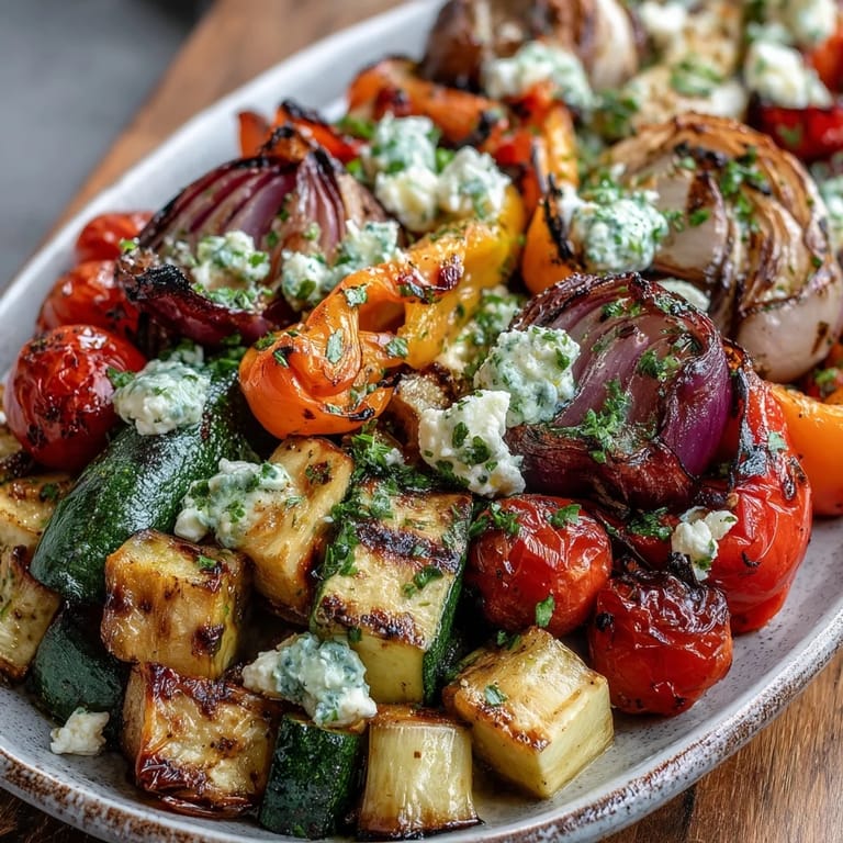 A vibrant platter of Roasted Mediterranean Greek Vegetables topped with crumbled feta and fresh parsley, ready to serve.