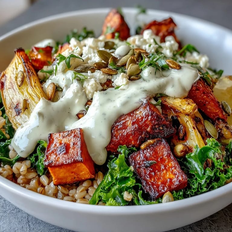Savory Hearty Winter Grain Bowl served warm with wilted greens and crumbled feta, perfect for a comforting vegetarian main dish.