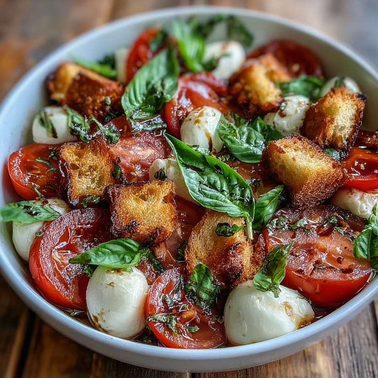 A rustic Caprese Salad Bowl features torn sourdough, creamy bocconcini, and cherry tomatoes, tossed with fresh basil and a tangy balsamic dressing.