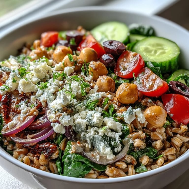 Vibrant Mediterranean Farro Bowl served in a rustic bowl with chickpeas, cucumber, tomatoes, and a generous tahini drizzle.