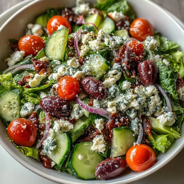 Colorful Mediterranean Green Salad Bowl topped with crumbled feta cheese, perfect for a refreshing vegetarian, gluten-free meal or summer potluck.