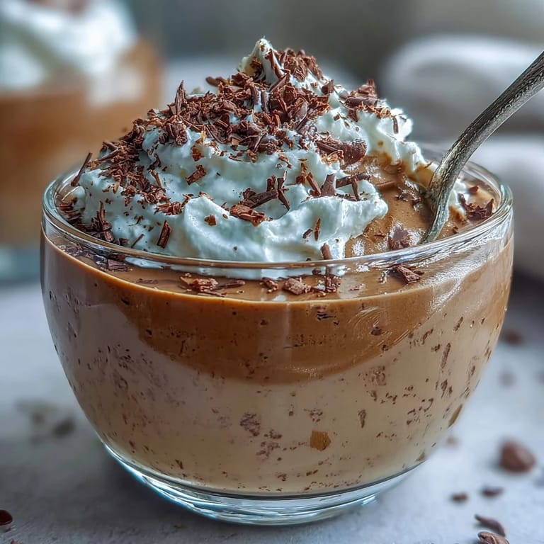 Silky Hojicha Pudding garnished with roasted tea leaves, served beside a cup of tea.