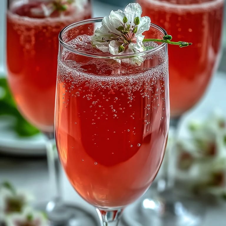 Elderflower Guava Mimosa in a glass with a guava slice garnish, a sparkling and refreshing cocktail for summer.