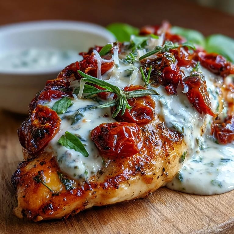Hearty Tuscan-style chicken in a luscious, herb-infused cream sauce, topped with vibrant spinach and fresh basil leaves.
