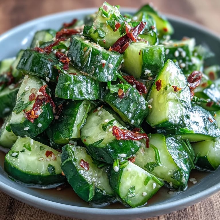 2. Vibrant smashed cucumber salad drizzled with garlicky chili oil, offering a perfect balance of heat and tang.