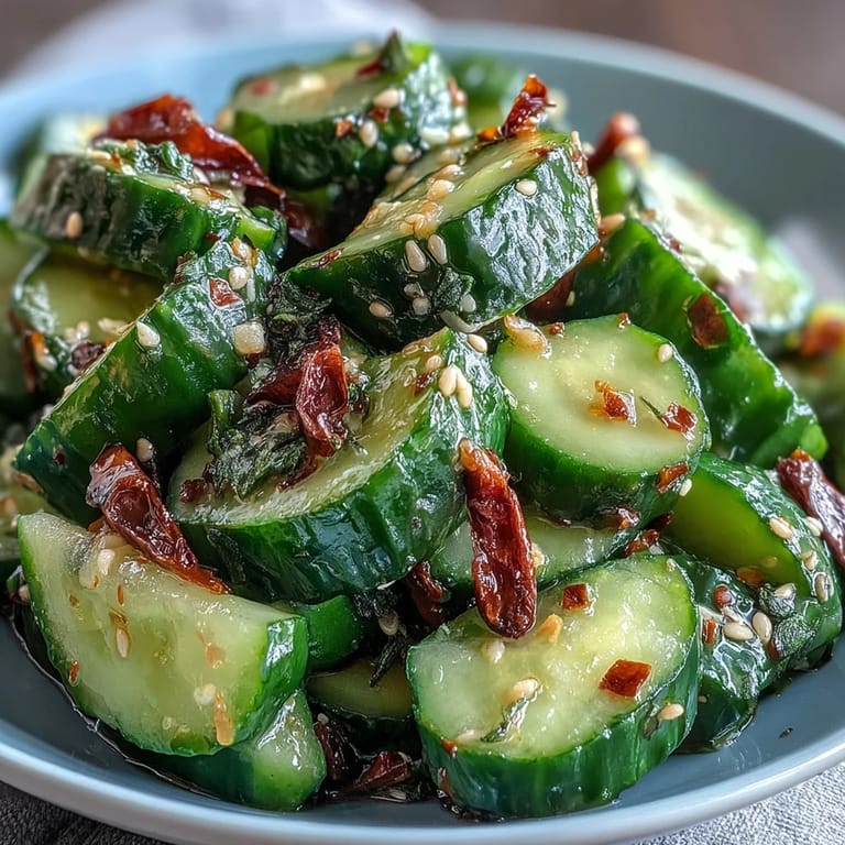 3. Crunchy smashed cucumber salad with aromatic garlic chili oil, garnished with fresh cilantro and toasted sesame seeds.