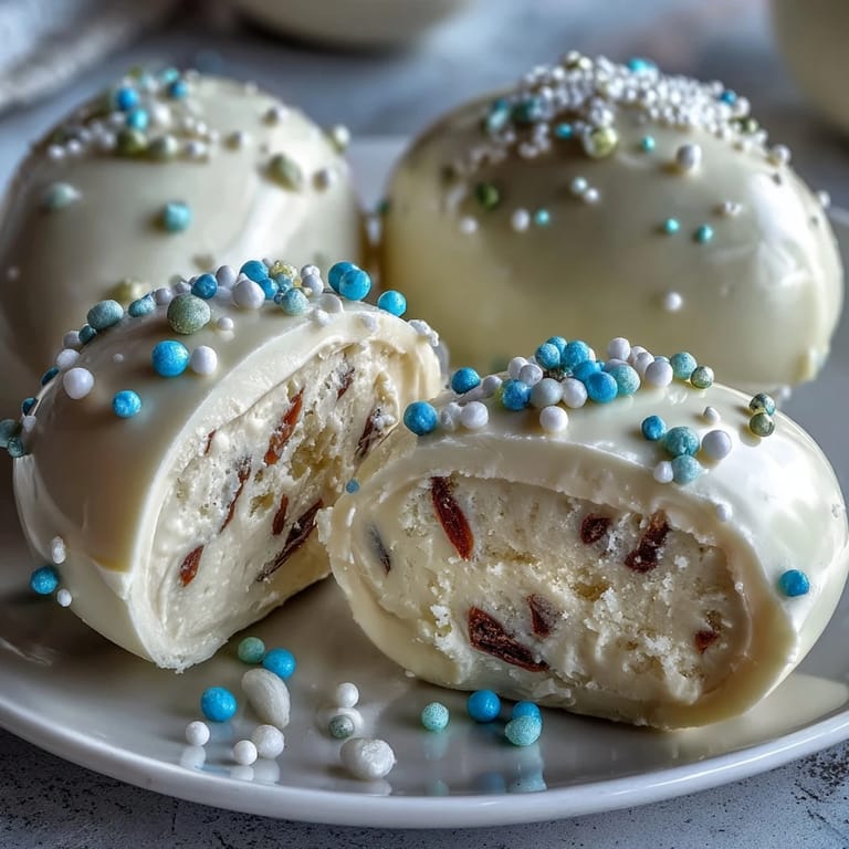 Hand-dipped white chocolate peanut butter Easter eggs finished with cheerful rainbow sprinkles for a sweet holiday treat.
