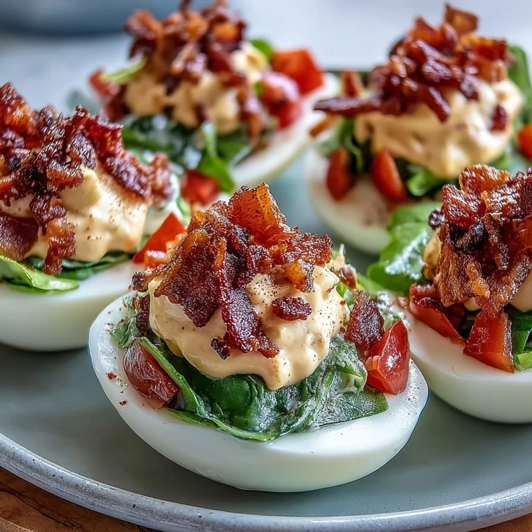 Golden deviled eggs filled with zesty yolk mix, crowned with bacon, lettuce, and tomatoes—ideal for picnics or game day.