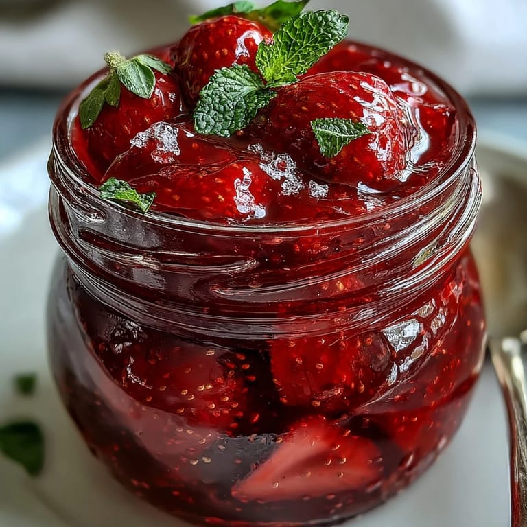 Charming small-batch strawberry jam, gently simmered with lemon, capturing spring's sweetness in a cottagecore kitchen for cozy mornings.