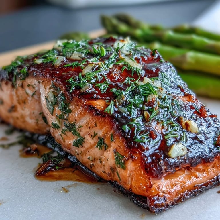 Easy One Pan Lemon Herb Salmon and asparagus, seasoned with olive oil, lemon, and fresh herbs, served hot.