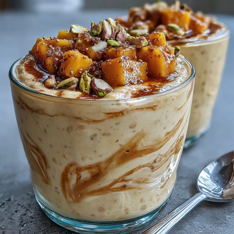Vibrant mango lassi overnight oats layered with diced mango, crunchy pistachios, and a hint of cardamom for a refreshing morning meal.