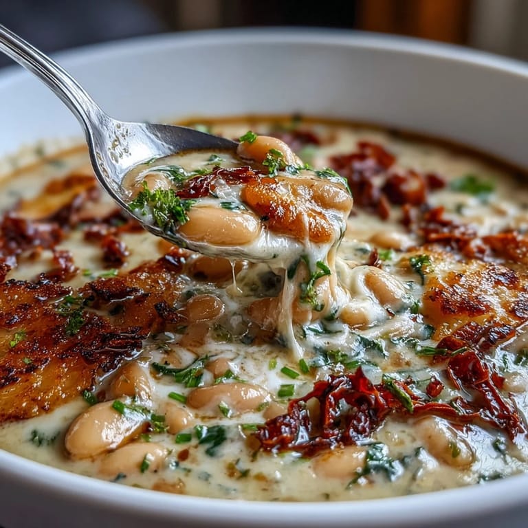 A bowl of hearty Tuscan white bean soup with cannellini beans, spinach, and sun-dried tomatoes, perfect for a cozy meal.