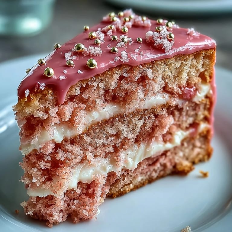 Luscious pink Rosé Velvet Cake with cream cheese frosting and elegant gold accents.