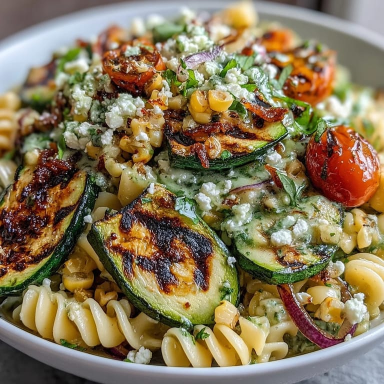 Summer pasta salad featuring smoky grilled zucchini, corn, and zesty lime.