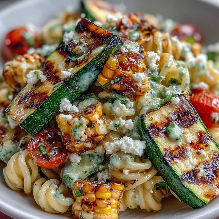 Colorful pasta salad with fresh corn, charred zucchini, and crumbled Cotija cheese.