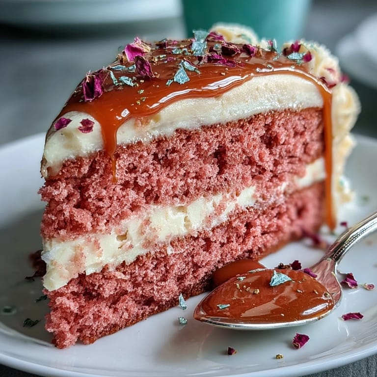 A stunning bridal shower dessert featuring rosé-infused pink velvet cake, rich cream cheese frosting, and a striking gold drip decoration.