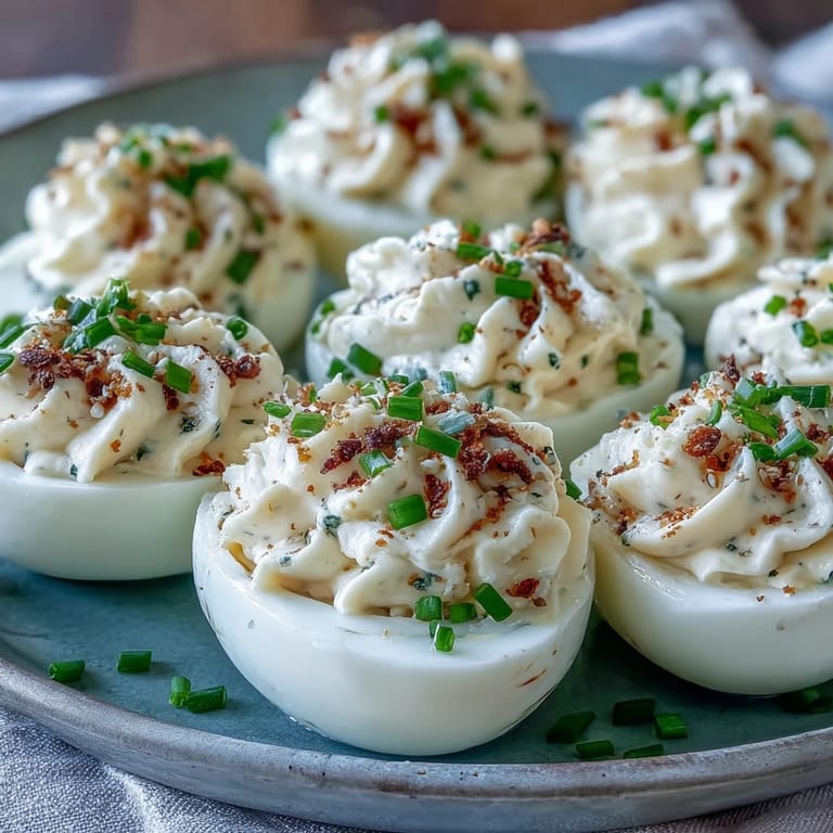 Golden yolk filled Everything Bagel Deviled Eggs sprinkled with seasoning.
