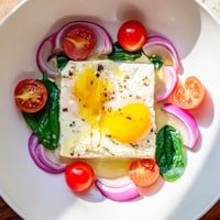 Golden, bubbly baked feta eggs with roasted tomatoes and a sprinkle of fresh herbs, ready to serve.