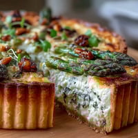 Flaky puff pastry tart topped with fresh spring asparagus, creamy cheese, and herbs—a vibrant vegetarian appetizer.
