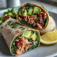 Healthy Easy 5-Ingredient Avocado Tuna Wraps with fresh spinach and creamy avocado filling wrapped in whole wheat tortillas.