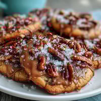 Golden-brown butter pecan cookies with toasted pecans and a sprinkle of flaky sea salt, perfect for holiday baking or gifting.