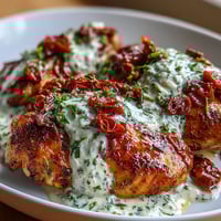 Creamy Tuscan Chicken with Sun-Dried Tomatoes in a rich, garlicky cream sauce, served with wilted spinach and fresh basil.