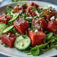 Fresh watermelon and arugula salad with creamy feta, mint, and a tangy lime vinaigrette for a vibrant summer dish.  